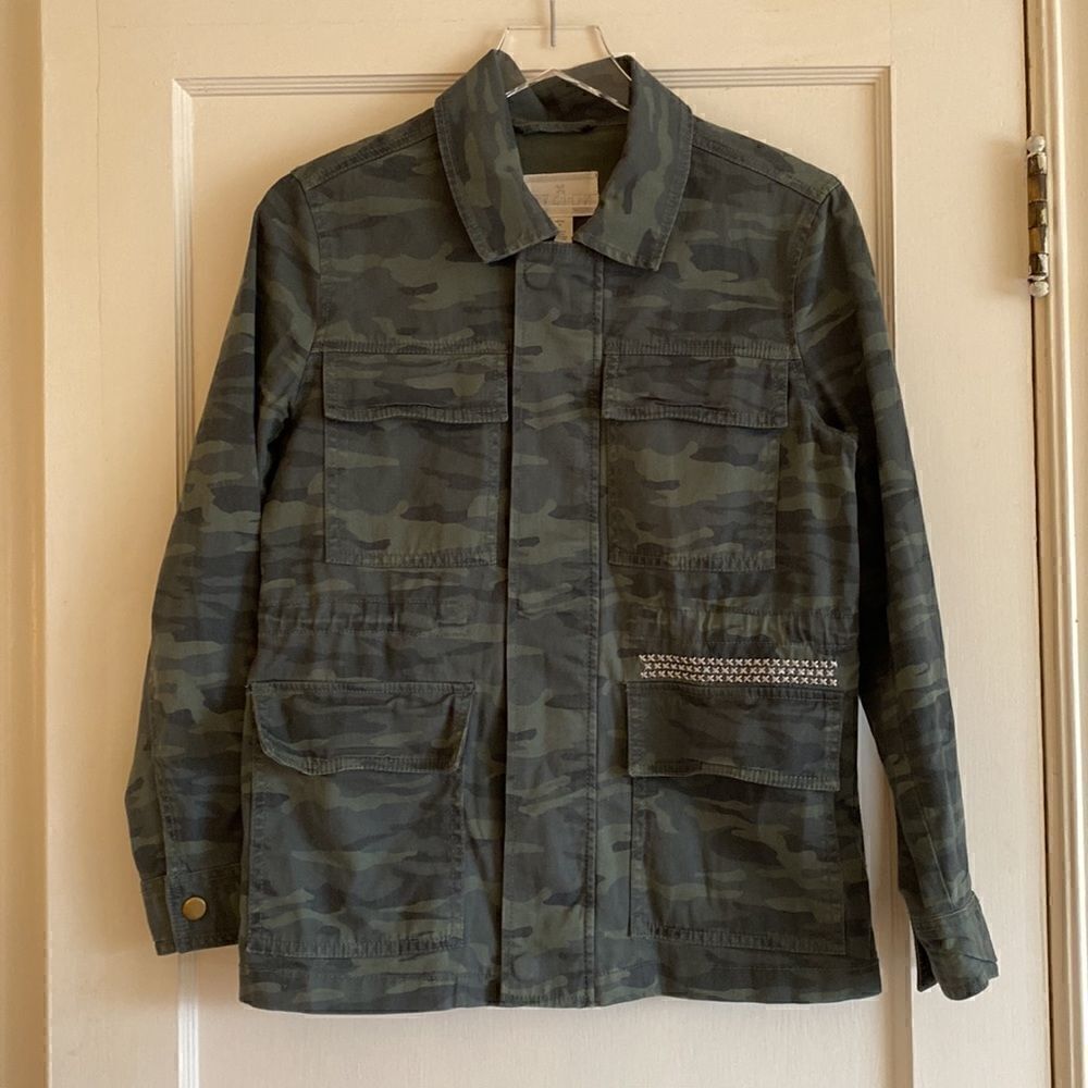 Caslon Nordstrom Camo Green Utility Jacket Zip Snap Closure Size S Petite - Picture 2 of 11
